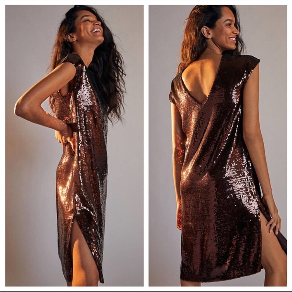 Anthropologie Copper Sequin Shift Dress